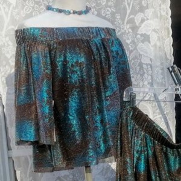 Sugarlips metallic blue bronze flowy off-the-shoulder top sz S - Picture 7 of 8
